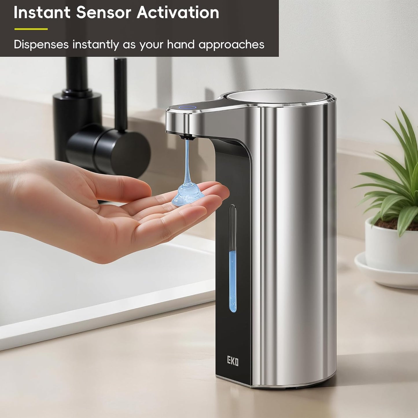 EKO Aroma 9 fl oz Automatic Liquid Soap Dispenser, Rechargeable & Water-Resistant Soap Dispenser for Kitchen and Bathroom with Adjustable Volume Control (Matte Black Steel)