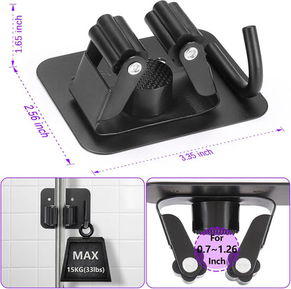 Stainless Steel Broom Holder, Heavy Duty, Rust Resistant, 4 Gripper Positions with 4 Hooks, Black
