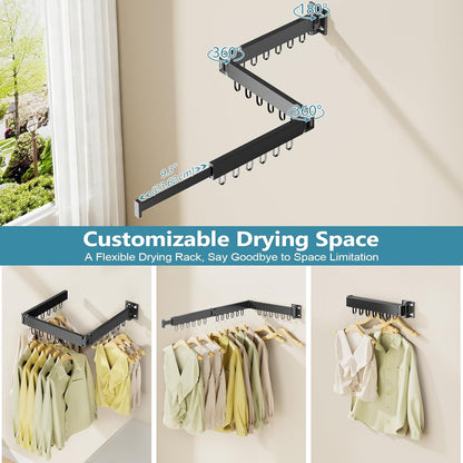 JAUREE Clothes Drying Rack Wall Mounted, Space-Saving Drying Rack Clothing, Collapsible Foldable Retractable Laundry Rack with 18 Hooks, Indoor/Outdoor, White