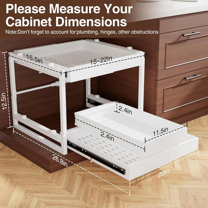 2-Tier Expandable Pull Out Cabinet Organizer, Heavy Duty Adjustable Width Metal Slide Out Shelf, No Screw Cabinet Storage Rack for Kitchen Bathroom 17in Depth Cabinet（Black）