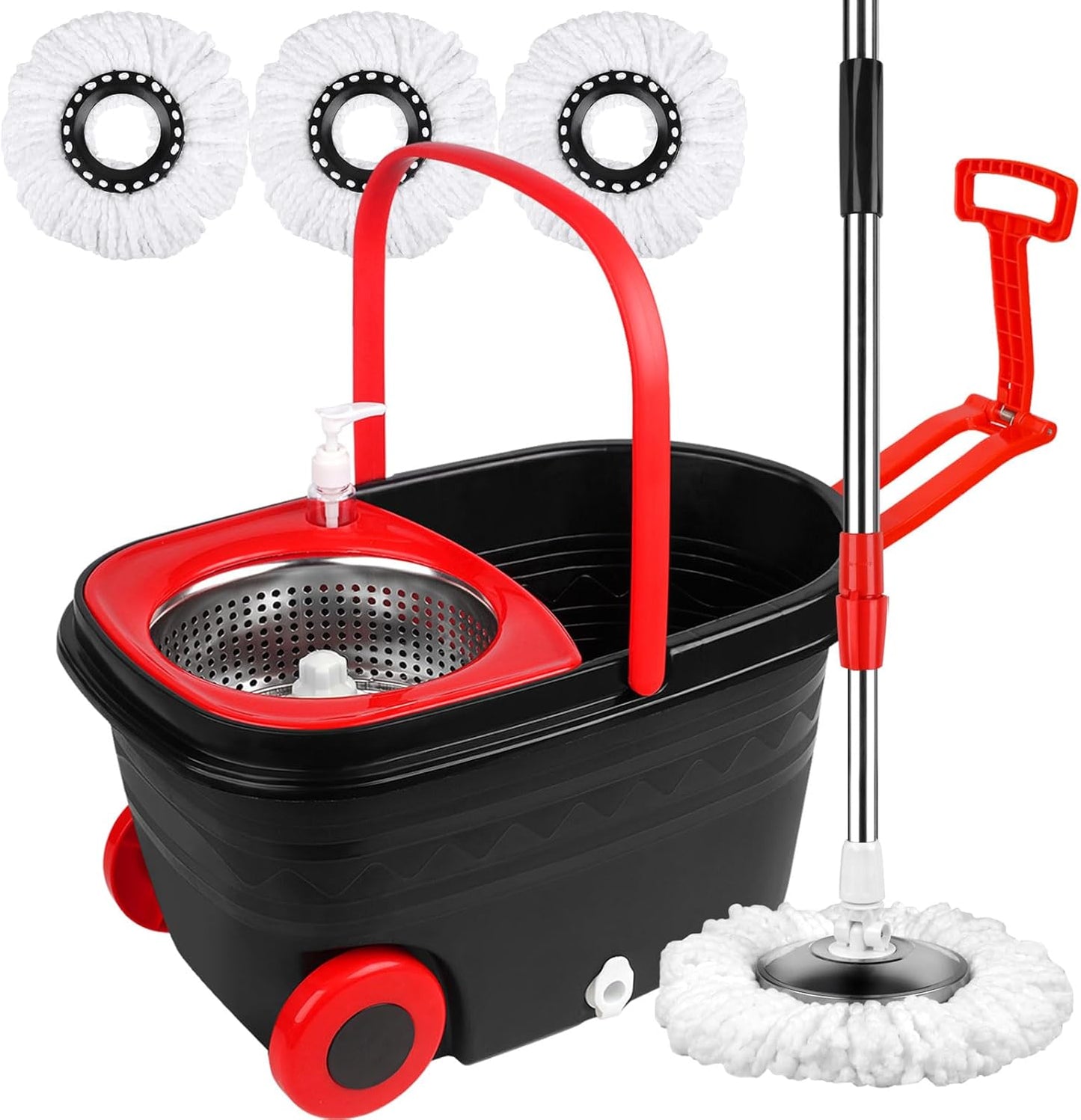 Spin Mop and Bucket with Wringer Set, 360° Rotating Head Mop Bucket System with 3 Microfiber Mop Refills Wet and Dry Suitable for Office and Home Use, Green (Black-Plus)