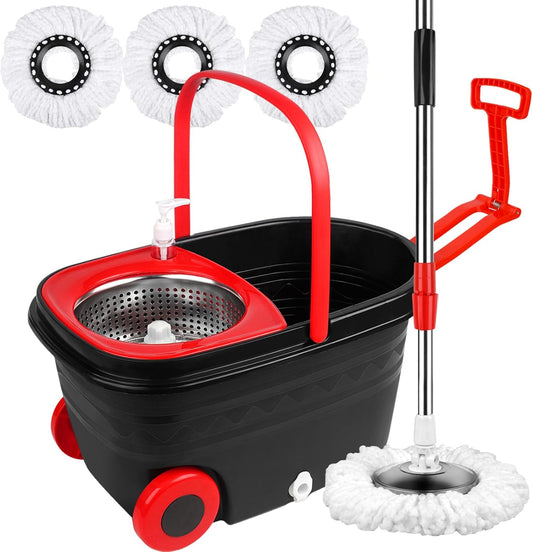 Spin Mop and Bucket with Wringer Set, 360° Rotating Head Mop Bucket System with 3 Microfiber Mop Refills Wet and Dry Suitable for Office and Home Use, Green (Black-Plus)