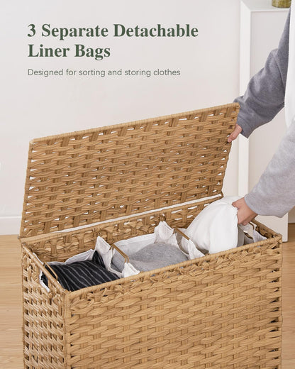 SETVSON Laundry Hamper with Lid 132 L, (35 Gallons) Clothes Hamper with Lid, Handwoven Rattan Laundry Hamper with Metal Heightened Feet, Laundry Hampers with 3 Removable Liner Bags for Laundry-Natural