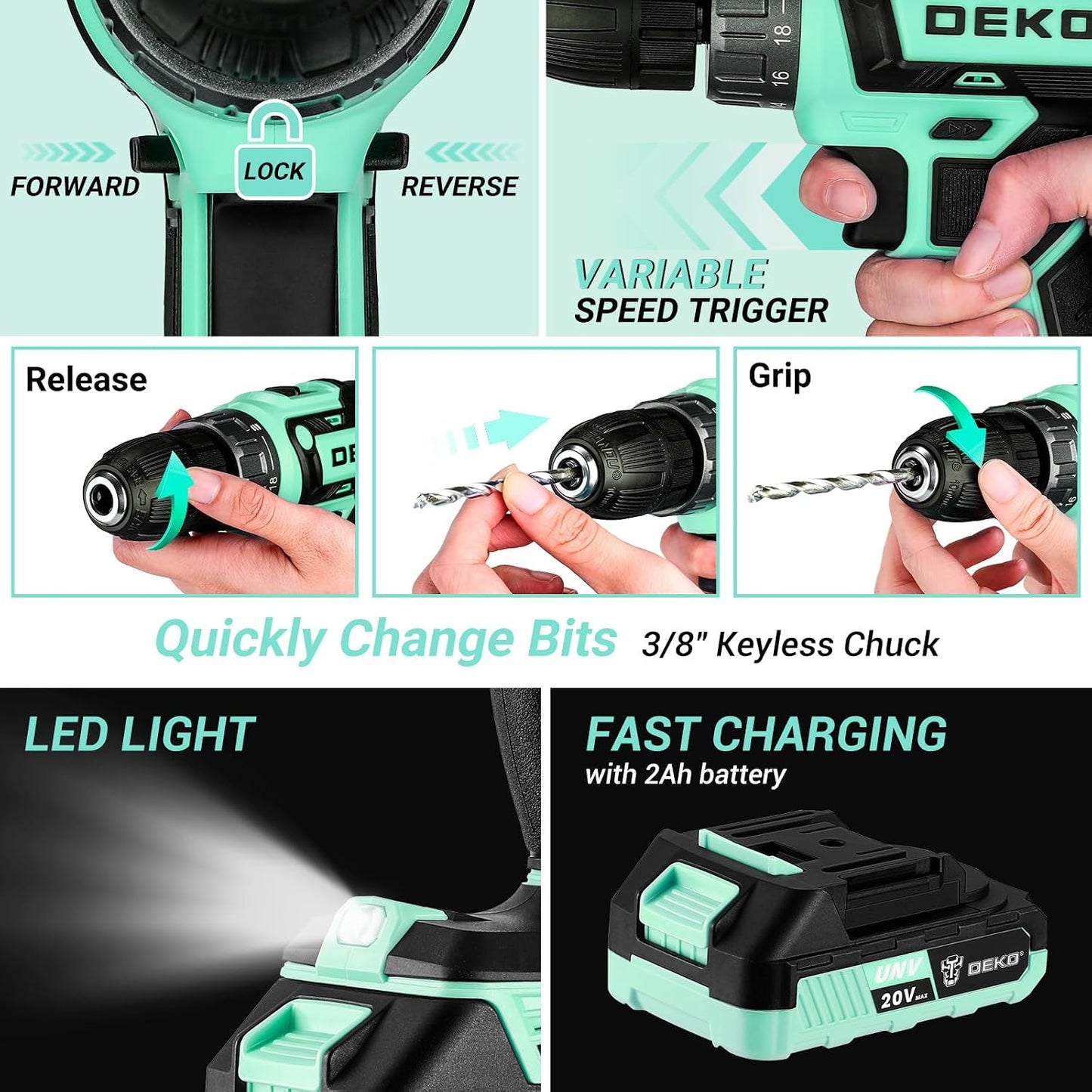Cordless Drill Tool Kit Set: 20V Power Drill Tool Box with Battery Electric Drill Driver for Men Home Hand Repair Basic Toolbox Tools Sets Drills Case
