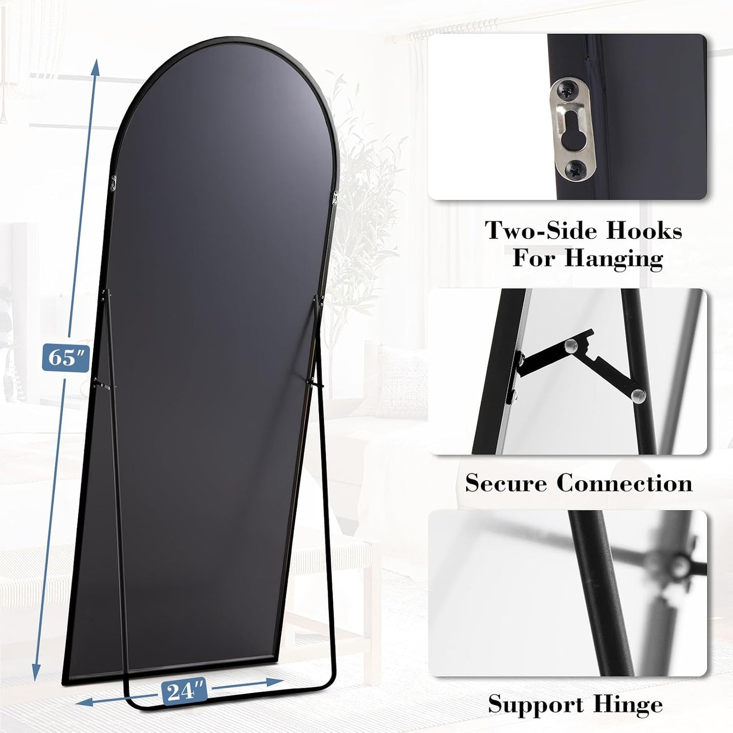 DUMOS 64"x21" Arched Full Length Floor Mirror, Full Body Mirror with Stand, Shatterproof Tempered Glass, Modern Aluminum Alloy Frame, Free Standing or Leaning for Home Decor, Gold