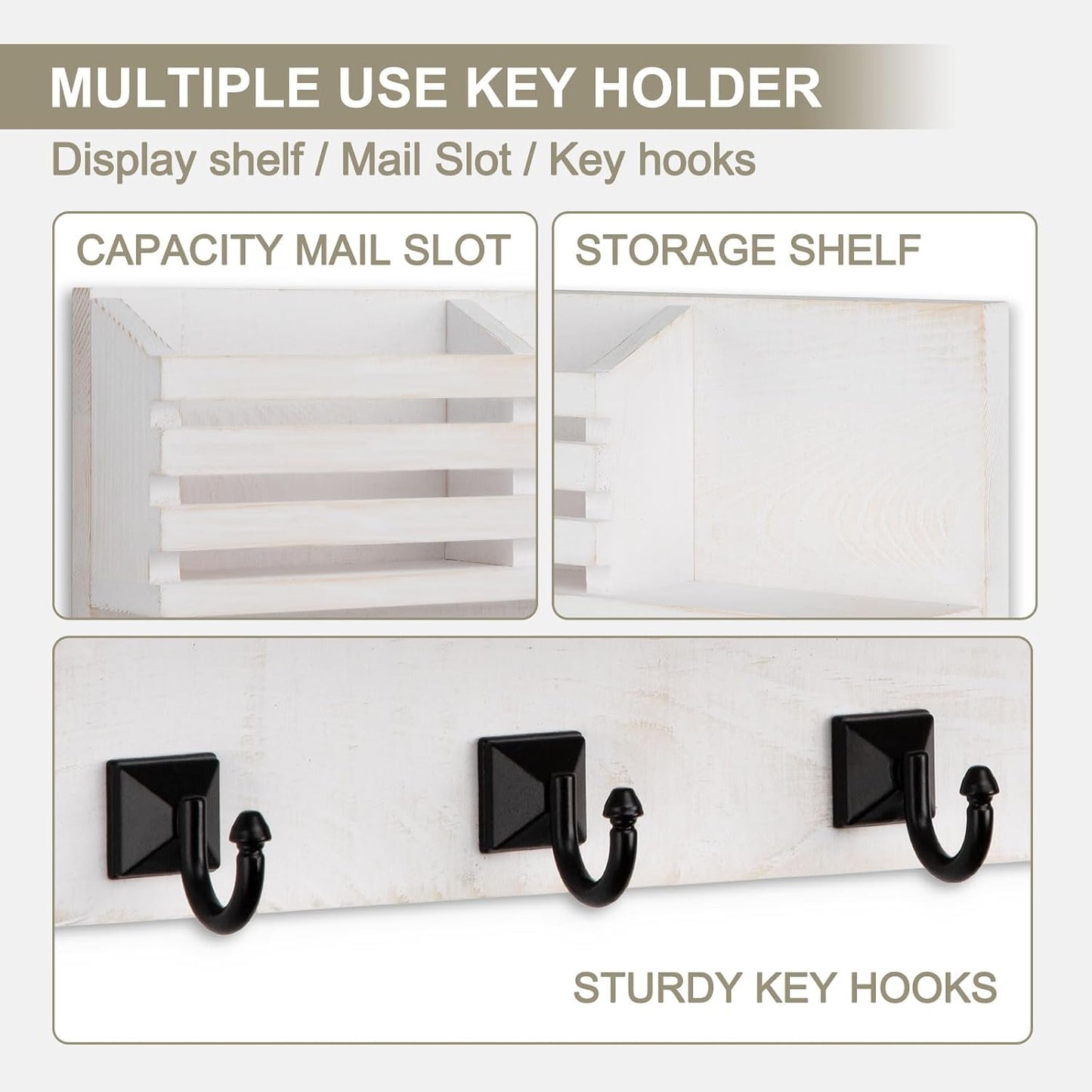 Key Holder Wall Mount, Mail Organizer for Wall with 5 Square Rustic Key Hooks Key Shelf Farmhouse Home Decor for Entryway