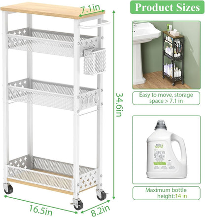 4 Tier Slim Rolling Storage Cart, Laundry Room Cart on Wheels, Small Metal Bathroom Cart Kitchen Organizer Trolley with Handle and Mesh Basket, 7.1 inch Width for Narrow Space, Black