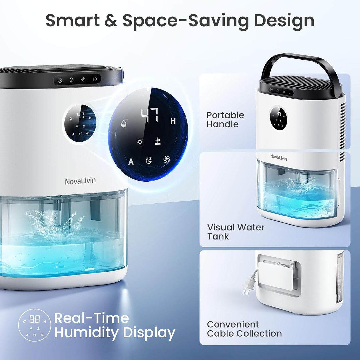 Dehumidifier for Home, Dehumidifiers for Bathroom, Bedroom, Living room, Closet with 68 OZ Water Tank, Moisture Absorbers, Auto Shut Off, Auto Humidity Control, 7 Colors LED Light, White
