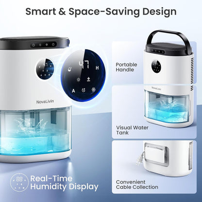 Dehumidifier for Home, Dehumidifiers for Bathroom, Bedroom, Living room, Closet with 68 OZ Water Tank, Moisture Absorbers, Auto Shut Off, Auto Humidity Control, 7 Colors LED Light, White