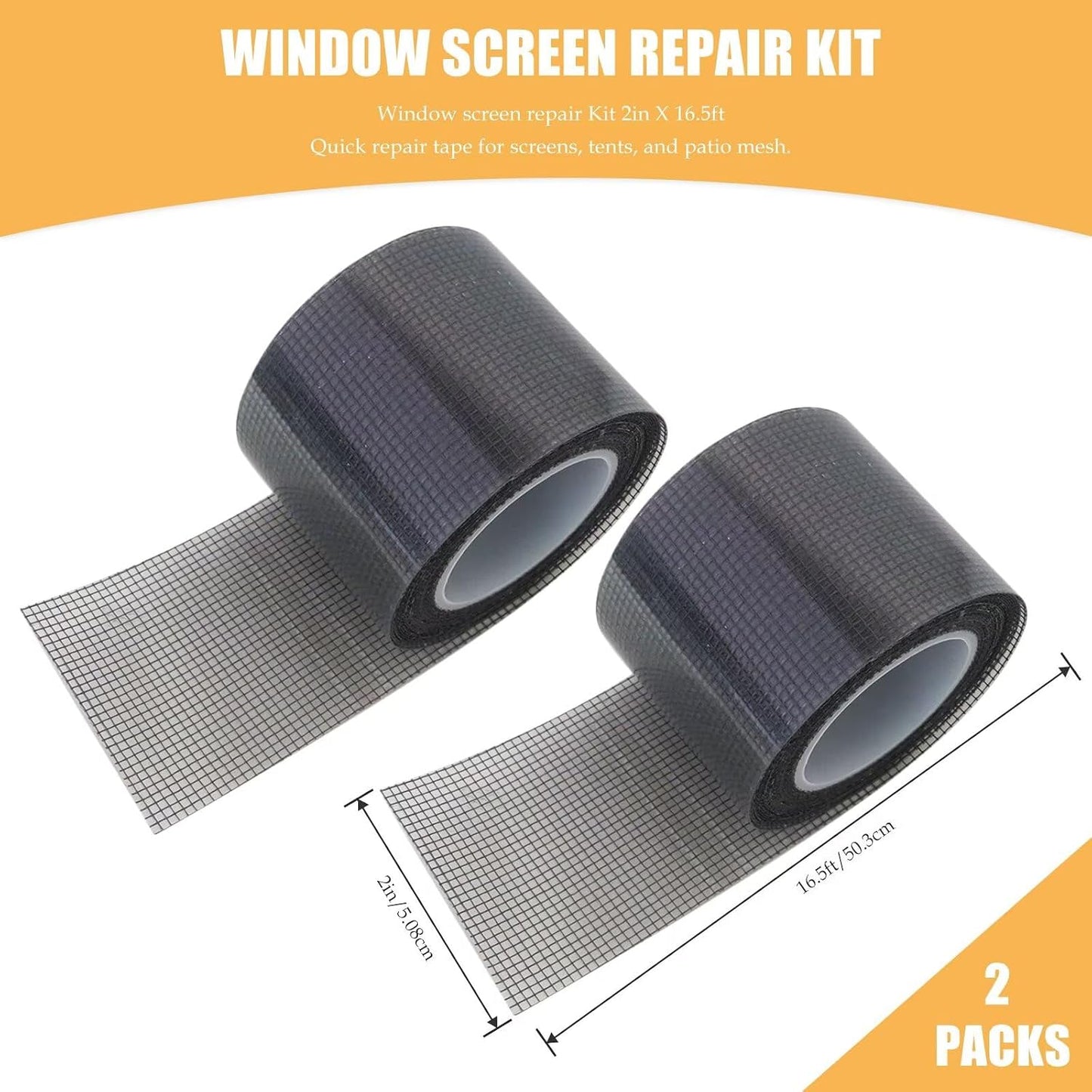 New 2 Pack of Black Window Screen Repair Tape, 2 in X 16.5 FT (196IN) Screen Repair Kit for Windows or Doors, Strong Adhesive Fiberglass Mesh Patch Tape