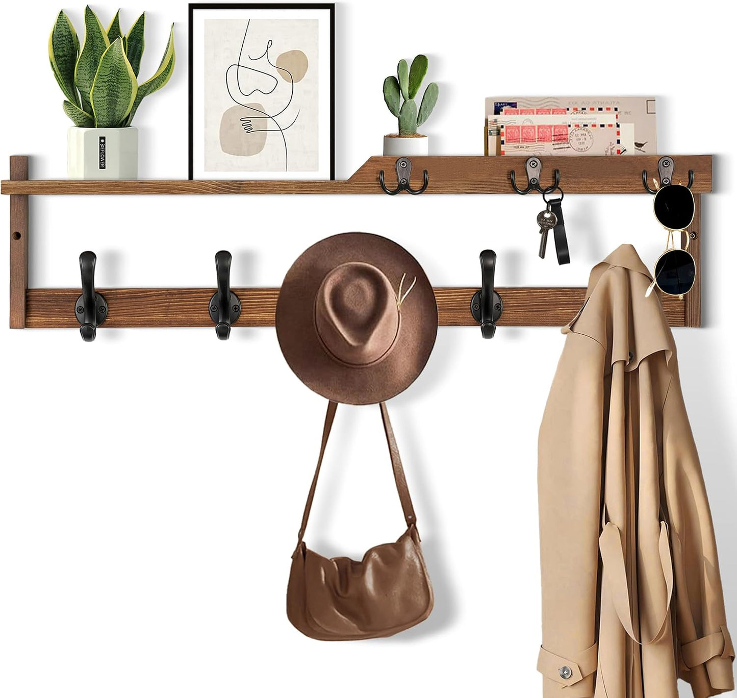 dreampossible Coat Rack Wall Mount with Shelf, Coat Hanger Wall Mount with Key Hooks and Mail Holder, Wood Entryway Floating Shelf with Hooks and Storage, Hat Rack for Wall Key Holder Mail Organizer