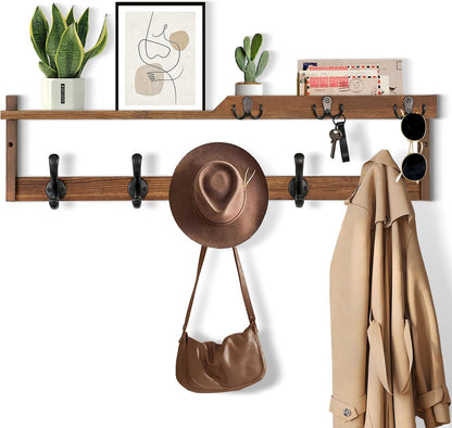 dreampossible Coat Rack Wall Mount with Shelf, Coat Hanger Wall Mount with Key Hooks and Mail Holder, Wood Entryway Floating Shelf with Hooks and Storage, Hat Rack for Wall Key Holder Mail Organizer