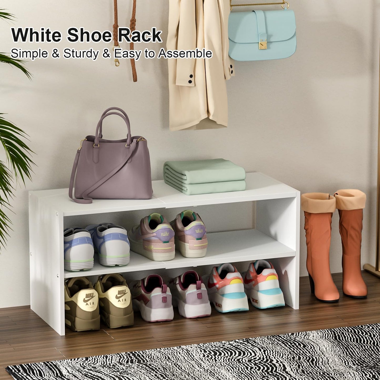 White Shoe Rack Organizer for Closet, 2-Tier Expandable Shoe Shelf, Stackable Iron Wood Combination Small Shoe Racks Shelves for Closets, Entryway,Small Space,Hallway,Bedroom,Bathroom,6-12 Pairs
