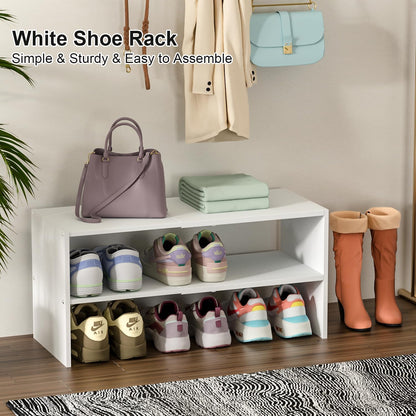 White Shoe Rack Organizer for Closet, 2-Tier Expandable Shoe Shelf, Stackable Iron Wood Combination Small Shoe Racks Shelves for Closets, Entryway,Small Space,Hallway,Bedroom,Bathroom,6-12 Pairs