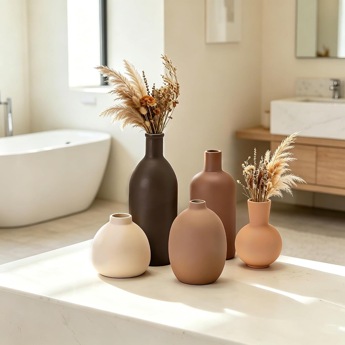 Small Ceramic Modern Decorative Flower Vase Set Farmhouse Vases, 5 Pack | Ornaments for Living Room, Kitchen, Bedroom, Party, Wedding