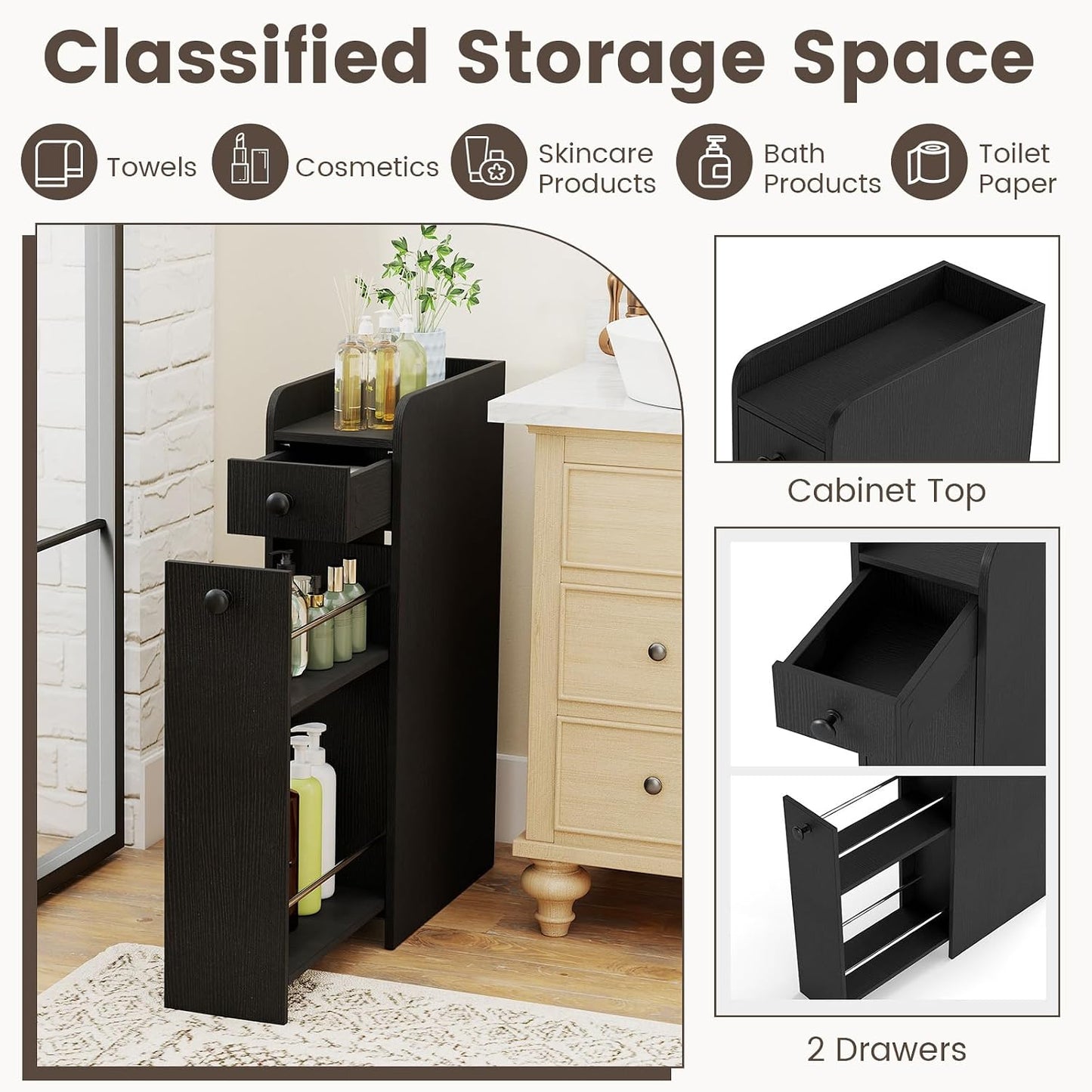 Tangkula Slim Bathroom Storage Cabinet, 4-Tier Narrow Small Side Storage Cabinet Next to Toilet, Slide Out Drawers on Casters, Bathroom Floor Organizer Toilet Paper Holder for Small Spaces (White)