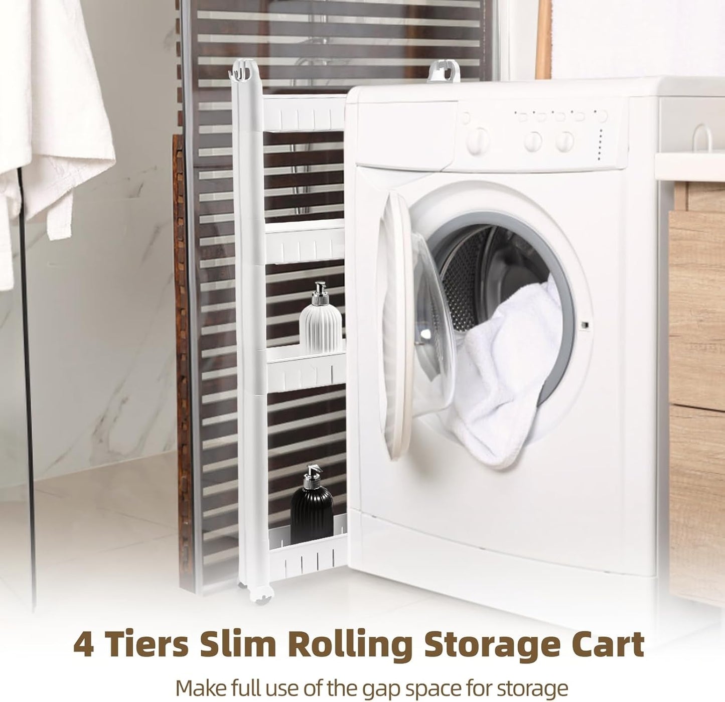 3 Tiers Slim Rolling Storage Cart, 3.5 Inches Slim Slide Out Bathroom Organizer Cart, Tiered Storage Rack with Wheels, Narrow Mobile Utility Cart for Laundry Room, Kitchen, Office, Sturdy Room