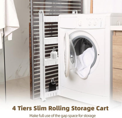3 Tiers Slim Rolling Storage Cart, 3.5 Inches Slim Slide Out Bathroom Organizer Cart, Tiered Storage Rack with Wheels, Narrow Mobile Utility Cart for Laundry Room, Kitchen, Office, Sturdy Room