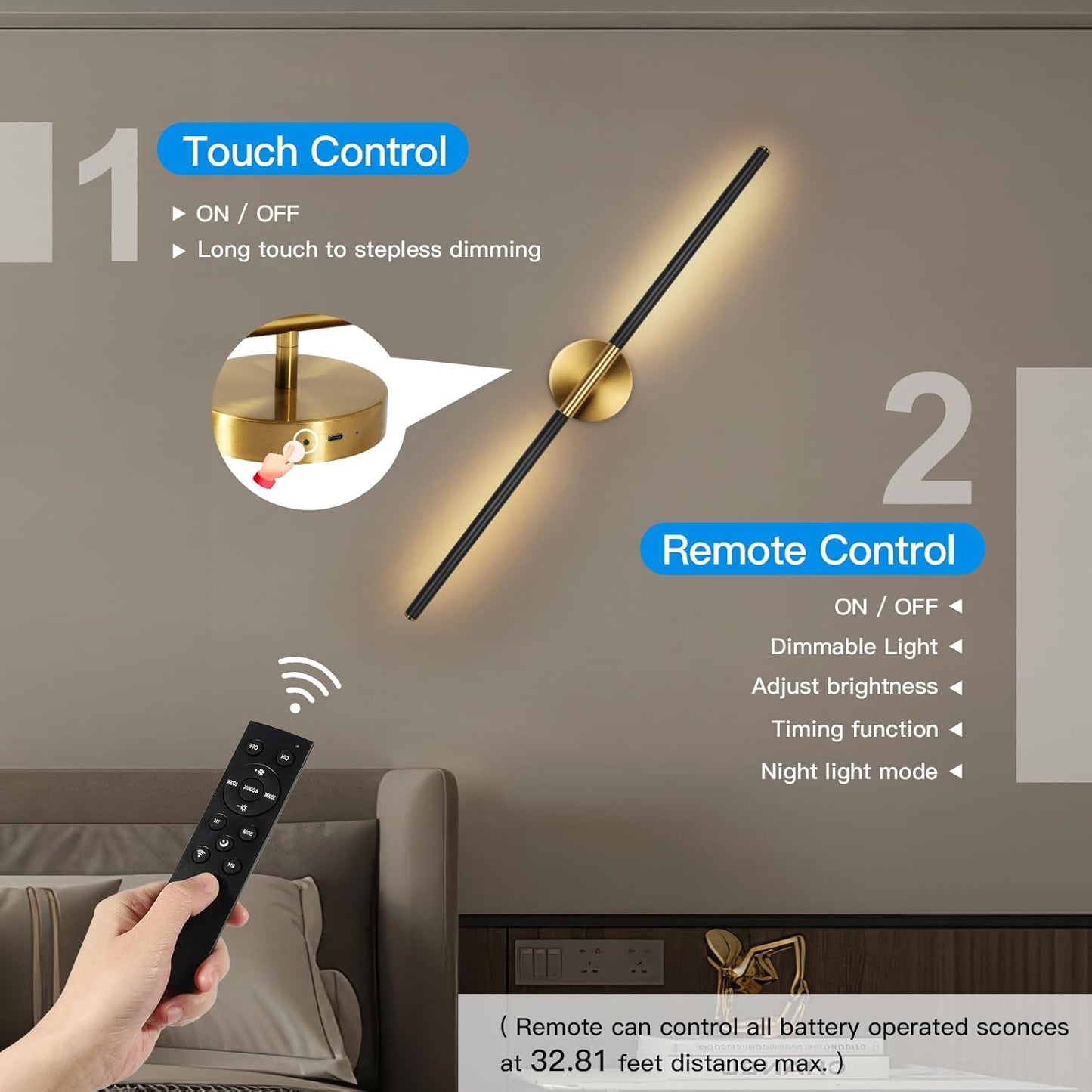 TaoFiaCo Battery Operated Wall Sconces Set of Two,Rechargeable Wall Sconces Set of 2 with Remote Control Dimmable Wall Light Decor for Living Room, Bathroom for, 24 Inch, Gold
