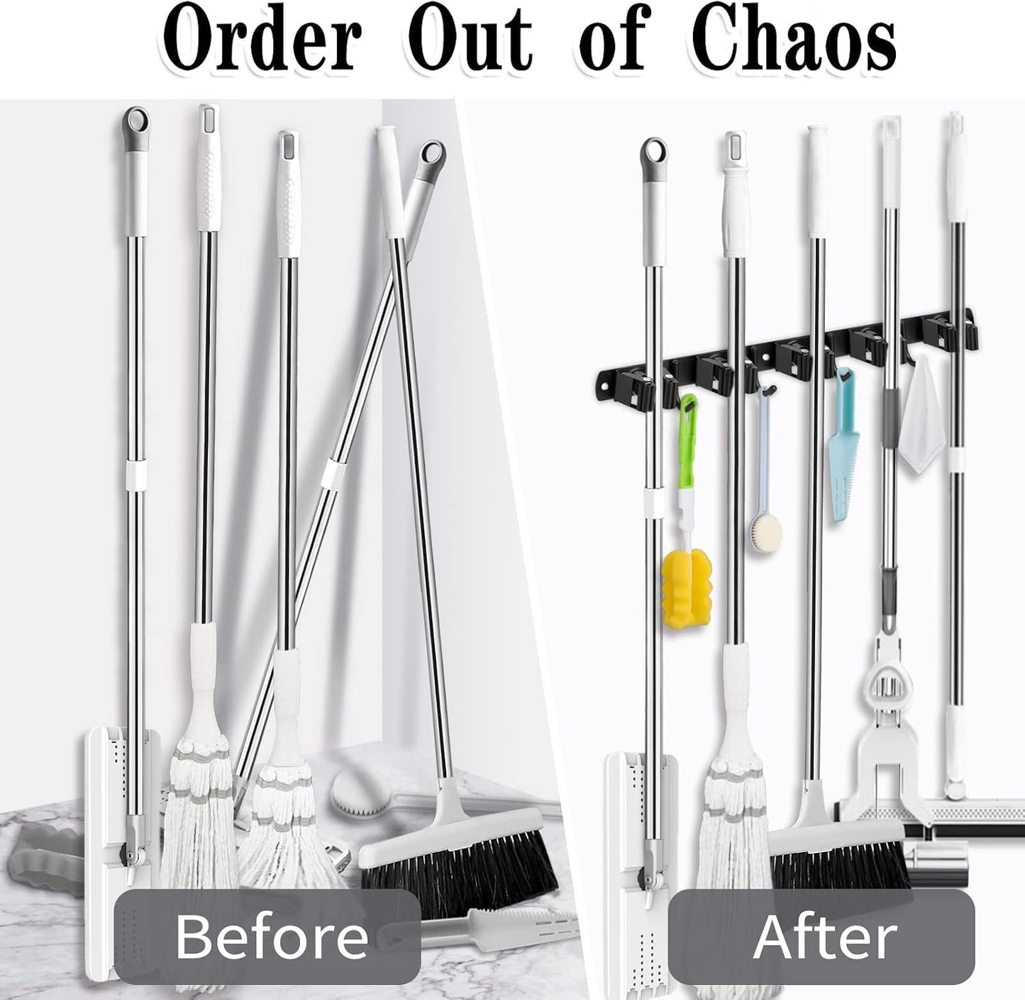AceMining Broom Holder Wall Mount, 3 Racks 4 Hooks Heavy Duty Mop Organizer | Mop Holder Wall Mount and Broom Hanger for Garage, Laundry Room, Kitchen and Utility Storage