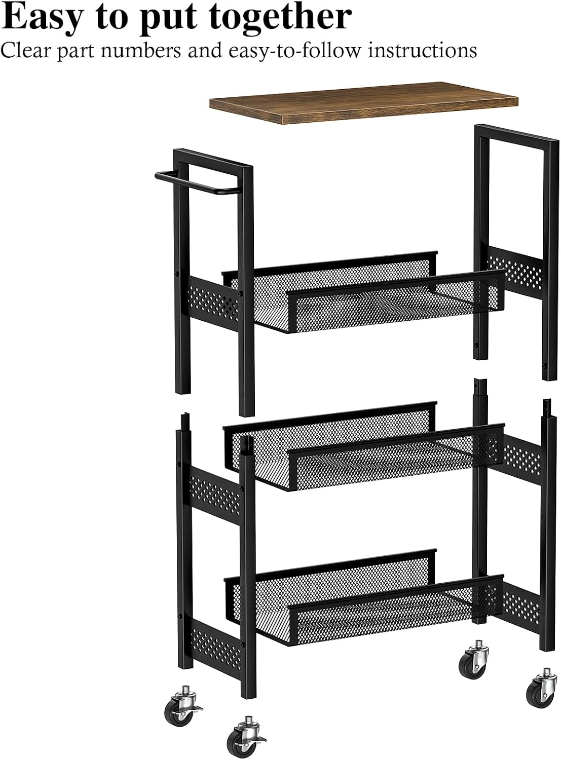 OKZEST Utility Slim Storage Cart, 4 Tier Small Rolling Kitchen Laundry Room Cart with Wood Top, Metal Narrow Bathroom Storage Cabinet Mobile Shelf Unit Organizer Trolley with Handle for Narrow Space