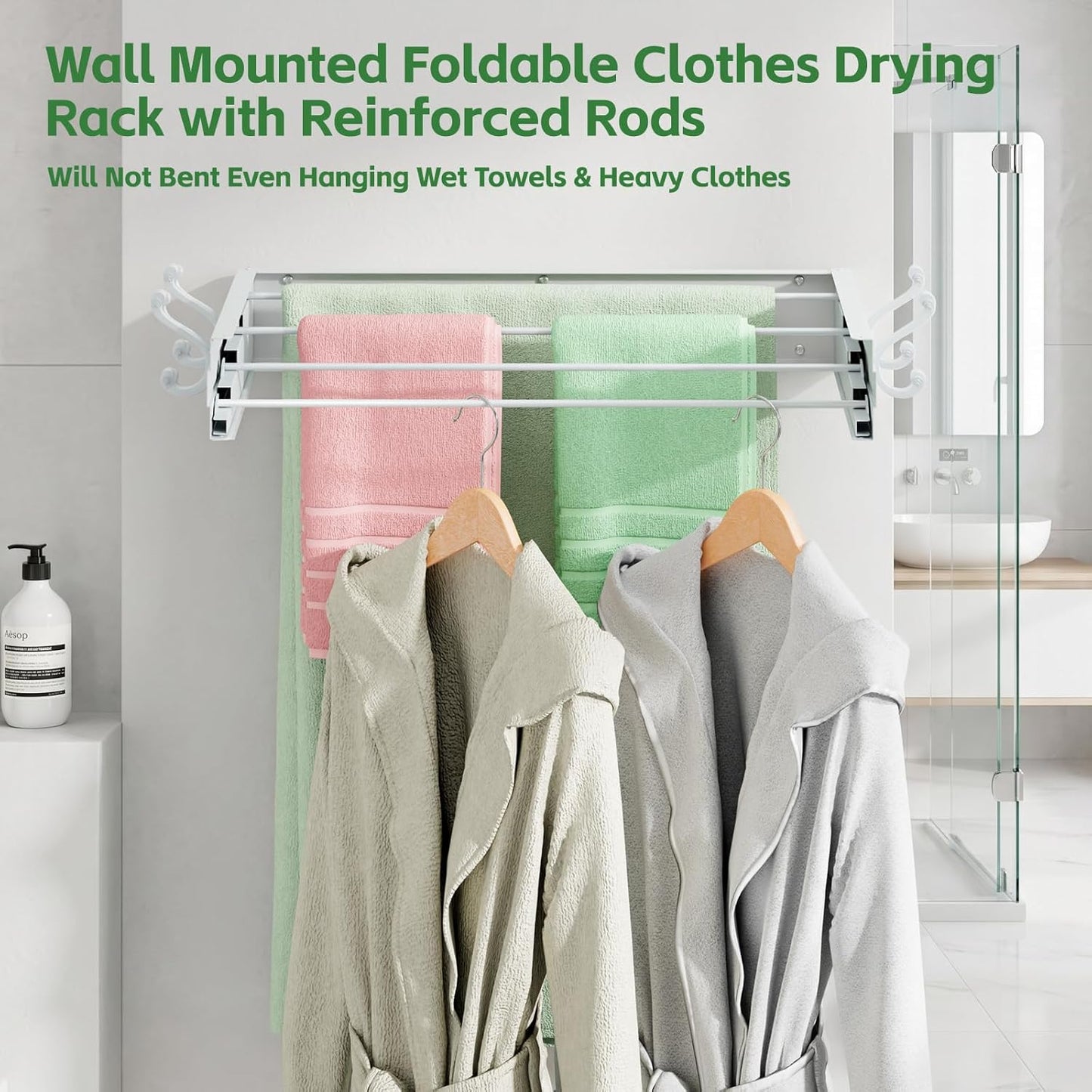 Foldable Wall Mounted Space-Saving Drying Rack, 23.5 In Rustproof Stainless Steel Laundry Hanger with 50 Lbs Heavy Duty Reinforced Rods for Wet Towels & Heavy Clothes, Fits Apartment Bathroom RV,White