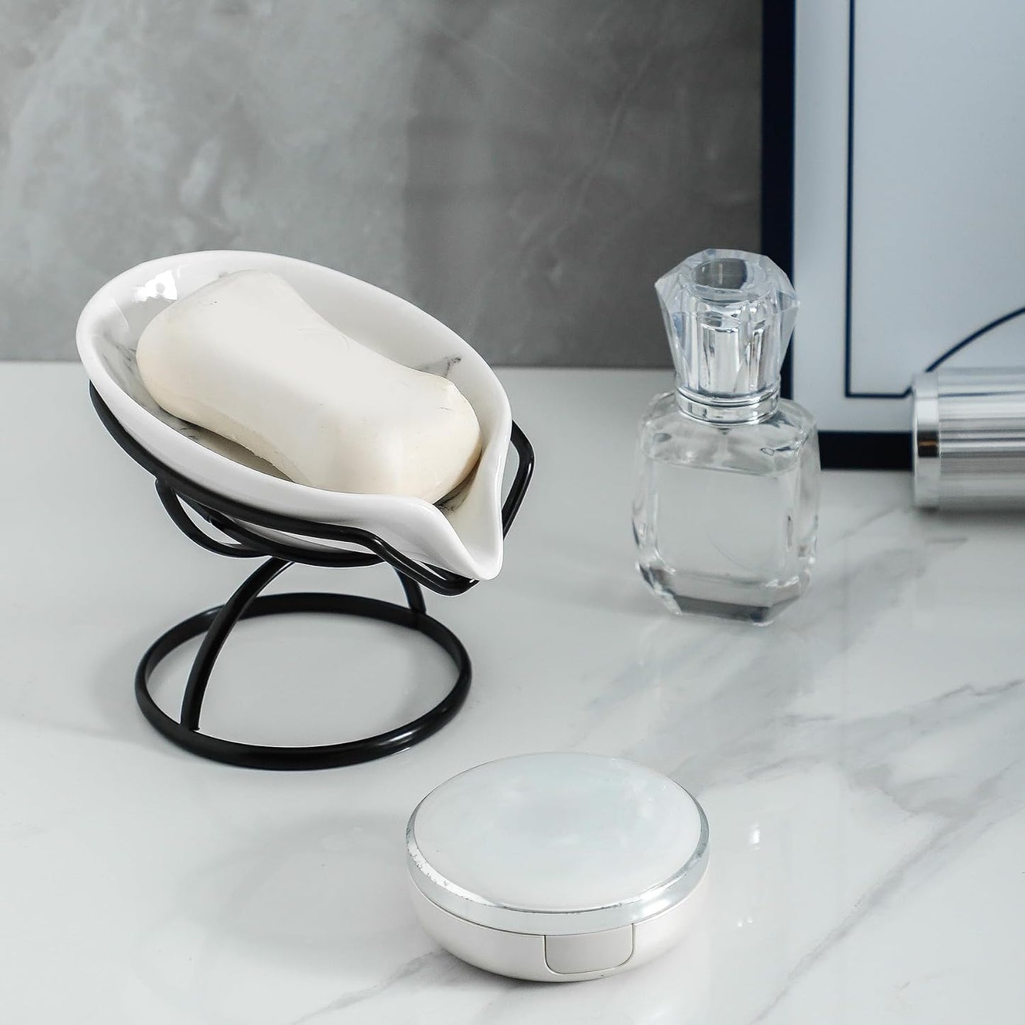 Dobbyby Leaf-Shaped Soap Dish – Premium Ceramic Soap Bar Holder with Self-Drainage System – Bar Soap Holder for Shower, Bathroom Sink, Kitchen – Waterfall Soap Dish with Stainless Steel Stand (SLIVER)