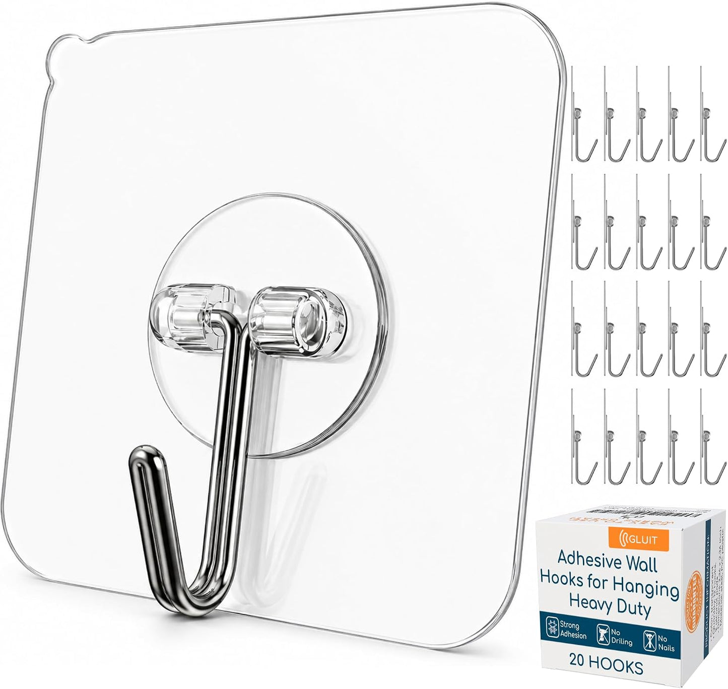 GLUIT Adhesive Wall Hooks for Hanging Heavy Duty 22 lbs Hooks for Walls No Drill, Towel Sticky Clear Hook, Waterproof, Home, Bathroom, Kitchen, Office, and Outdoor 12 Pack
