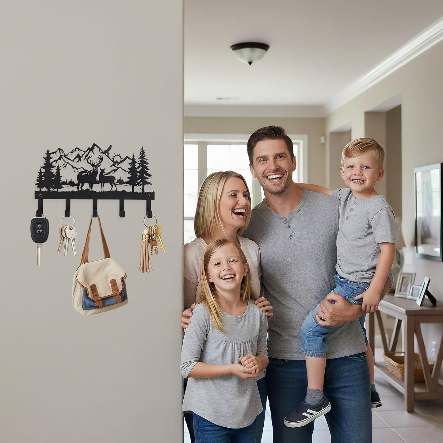 Deer Mountain Metal Key Holder Wall Mount Key Holder for Wall Rustic Cabin Decor Key Rack Hooks Hanger Woodland Wildlife Wall Art Entryway Organizer Housewarming Hunting Gifts