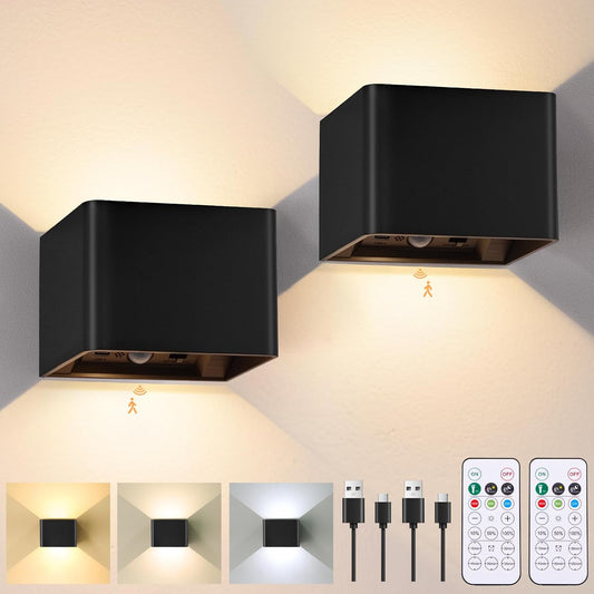 Rechargeable Motion Sensor Wall Light Indoor Set of 2, 6000mAh Cordless Battery Operated Wall Sconce Up Down with Touch & Remote Control, 3 Colors Dimmable Battery Powered Stick On Wall Lights, White