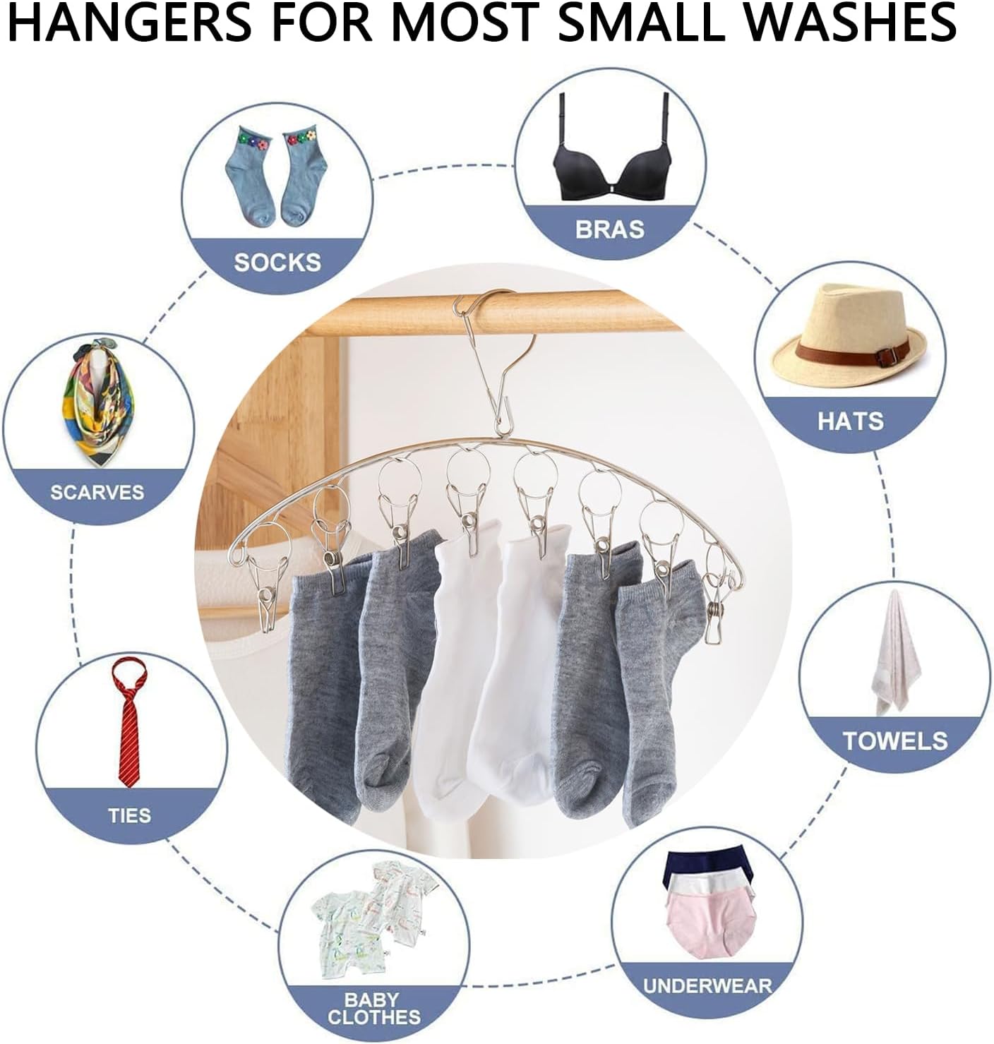 2Pcs Clothes Drying Hanger with 16 Clips, Stainless Steel Sock Air Drying Rack, Windproof Anti-Lost for All Small Laudry Item and Herbs