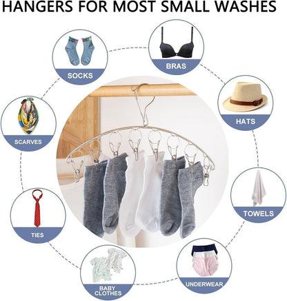 Stainless Steel Laundry Drying Rack Clothes Hanger with Windproof Hook,Underwear Hanger,Clothes Hangers with 8 Clips for Drying Socks,Diapers,Baby Clothes(2 Pack)