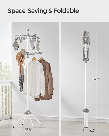 SONGMICS 2-Tier Clothes Drying Rack, 72-Inch Folding Laundry Drying Rack with 3 Rotatable Arms for Hangers, 24 Clips, Stainless Steel, for 27 Pieces of Clothes, Blue and Silver ULLR512Q01