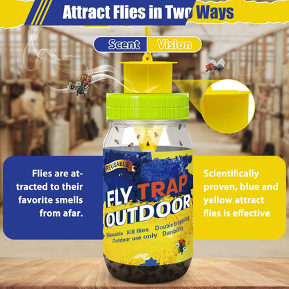 Reusable Fly Traps Outdoor Bottles, 3 Pack Fly Killer Catcher Jar with 6 Natural Magnet Bait Refills Lure, Flies Bug Insect Trap Control Outdoor Hanging for Outside Barns, Stable, Patio