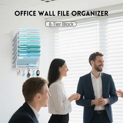 5 Tier Wall File Organizer - Hanging File Organizer with 5 Hooks, Mail Holder Wall Mounted for Papers, Folders, Magazines, Bills, Office&School Organization, Black