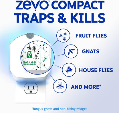 Zevo Compact Flying Insect Trap Kit with Refill Cartridges - Plug-in Indoor Bug Catcher for Gnats, House & Fruit Flies - Blue + UV Light Technology, No Odor, No Mess (1 Plug-in Device + 3 Cartridges)