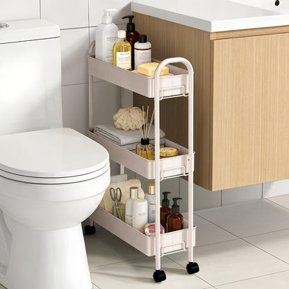 Slim Rolling Cart, Metal Frame Utility Rolling 3-Tier Narrow Storage Cart with Handle Kitchen Storage Organizer, Mobile Shelving Unit for Bathroom Kitchen