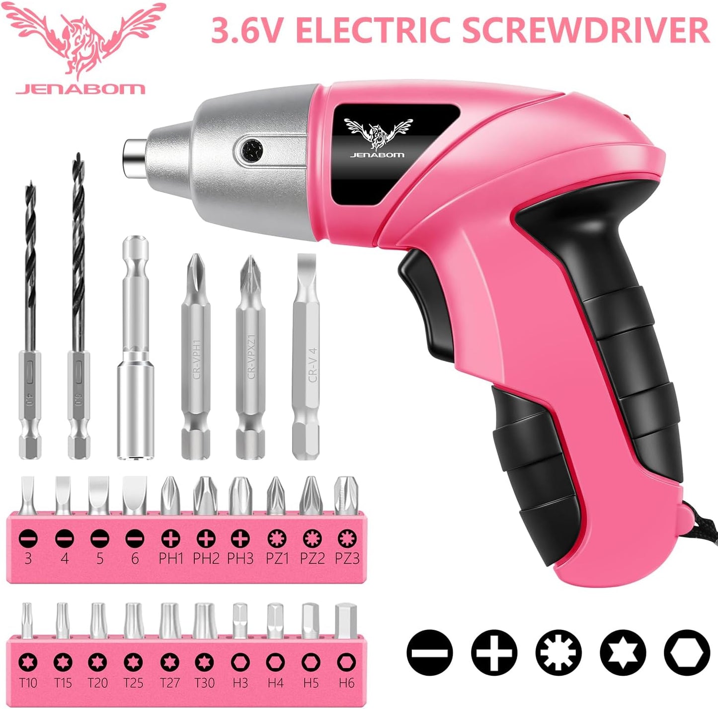 JENABOM Pink 3.6V USB Cordless Electric Screwdriver & Household Tool Kit | Power Screwdriver and Hand Tools in a Compact Box Case for Small Repair and Maintenance- Ideal Housewarming Gift, 112Pcs