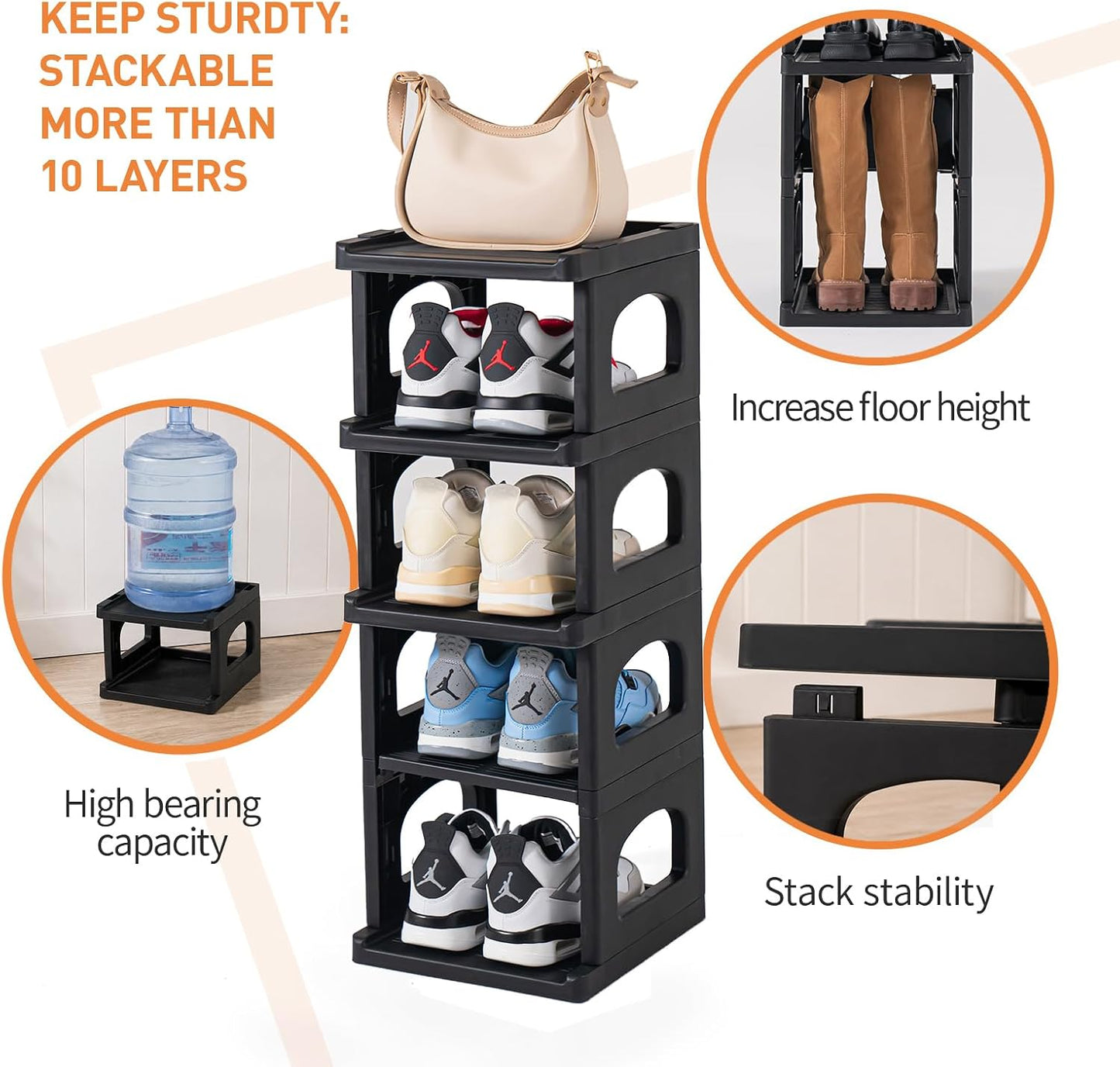 5 Tiers Vertical Shoe Rack, Narrow Free Standing Shoe Storage Organizer for Entryway and Small Closet, Stackable Shoe Holder Shelf Stability DIY, Black