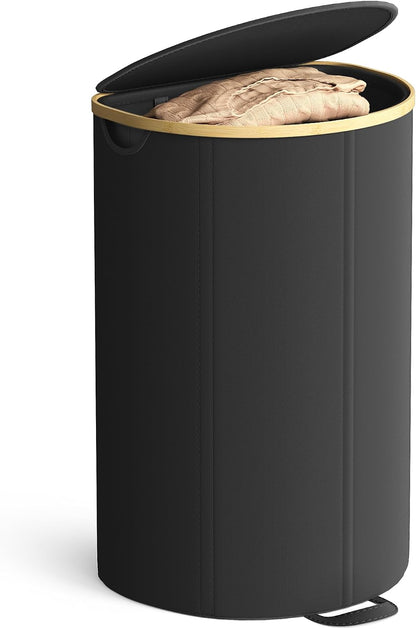 SONGMICS Laundry Hamper, Laundry Sorter with Lid, Storage Basket Bin, Removable Liners, Bamboo Frame, for Bedroom, 3 Sections, 44.9 Gal. (170 L), Ink Black ULCB533BH01