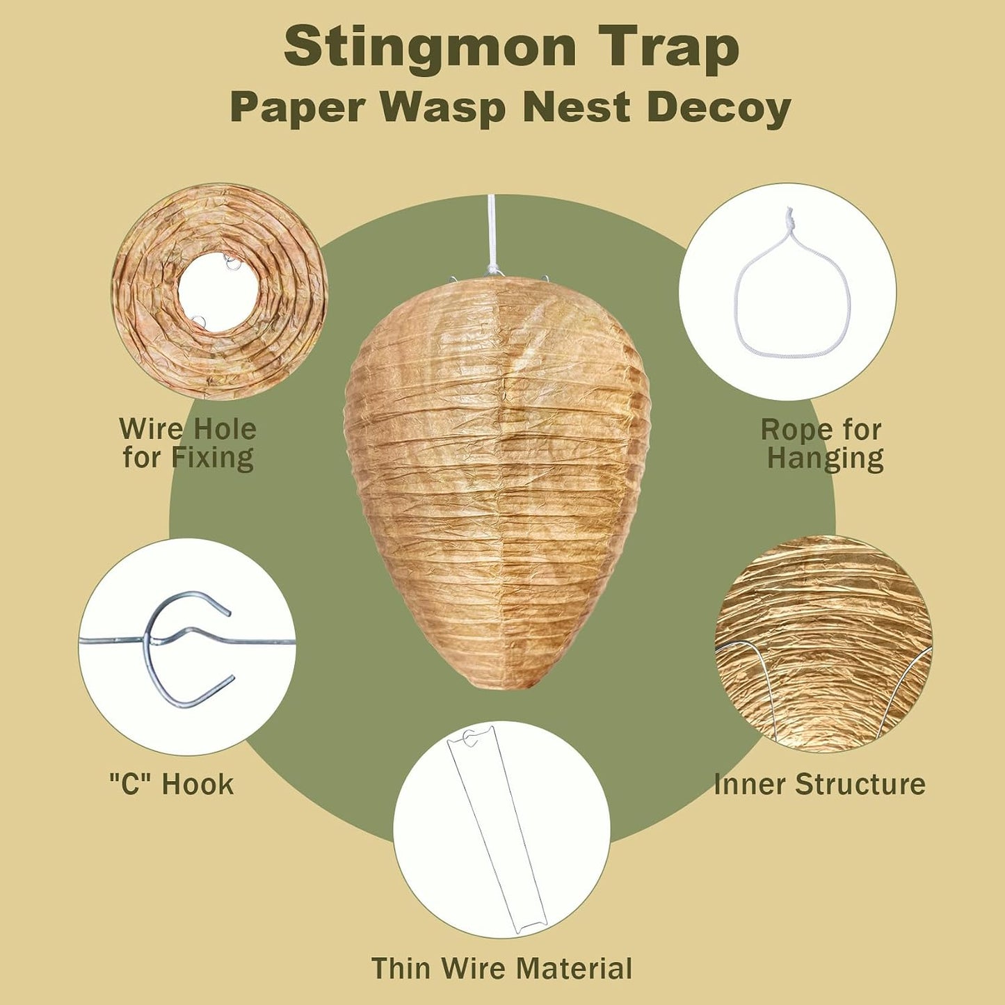3 Pack Fake Wasp Nest Decoy Hanging Waterproof, Fake Hornet Nest Decoy Carpenter Bee Deterrent, Wasps Trap Wasp Deterrent Outdoor Yellow Jacket Carpenter Bee Traps for Outsides Garden Patio