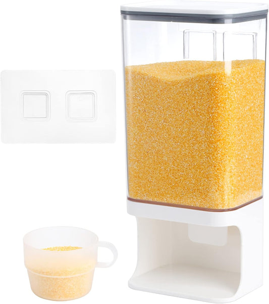 AVLA Rice Dispenser, Wall-Mounted Laundry Detergent Container, Cereal Dry Food Storage Bucket with Measuring Cup, Kitchen Grain Organizer with Lid, BPA-Free, for Beans, Laundry Scent Bead, Pet Food