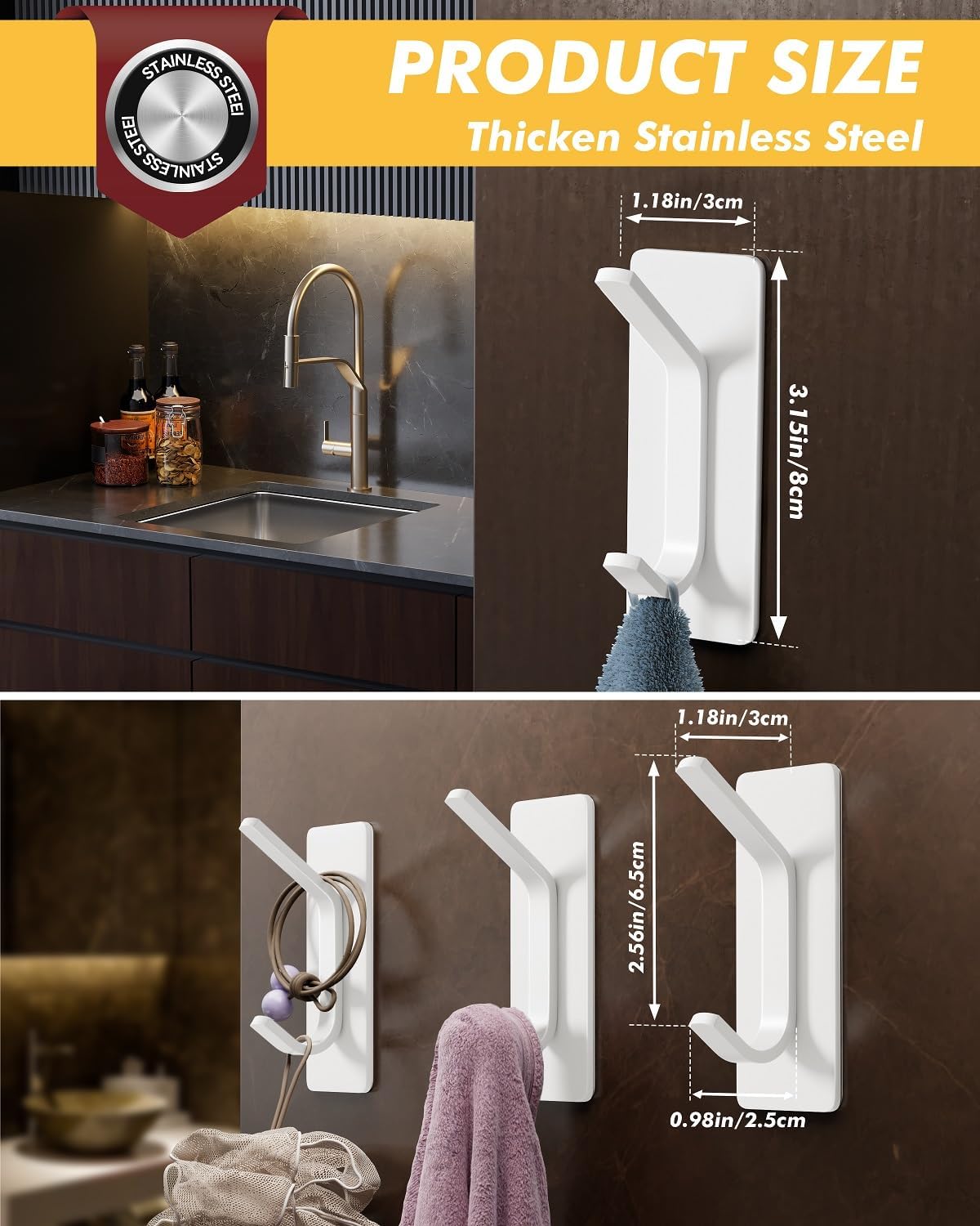 Auxmir Self Adhesive Hooks 15lbs Heavy Duty, 5 Pack Stainless Steel Wall Hooks for Coat Towel Robe, Waterproof Rustproof Oilproof, No Drill Door Hanger for Bathroom Shower Kitchen Office RV, Silver