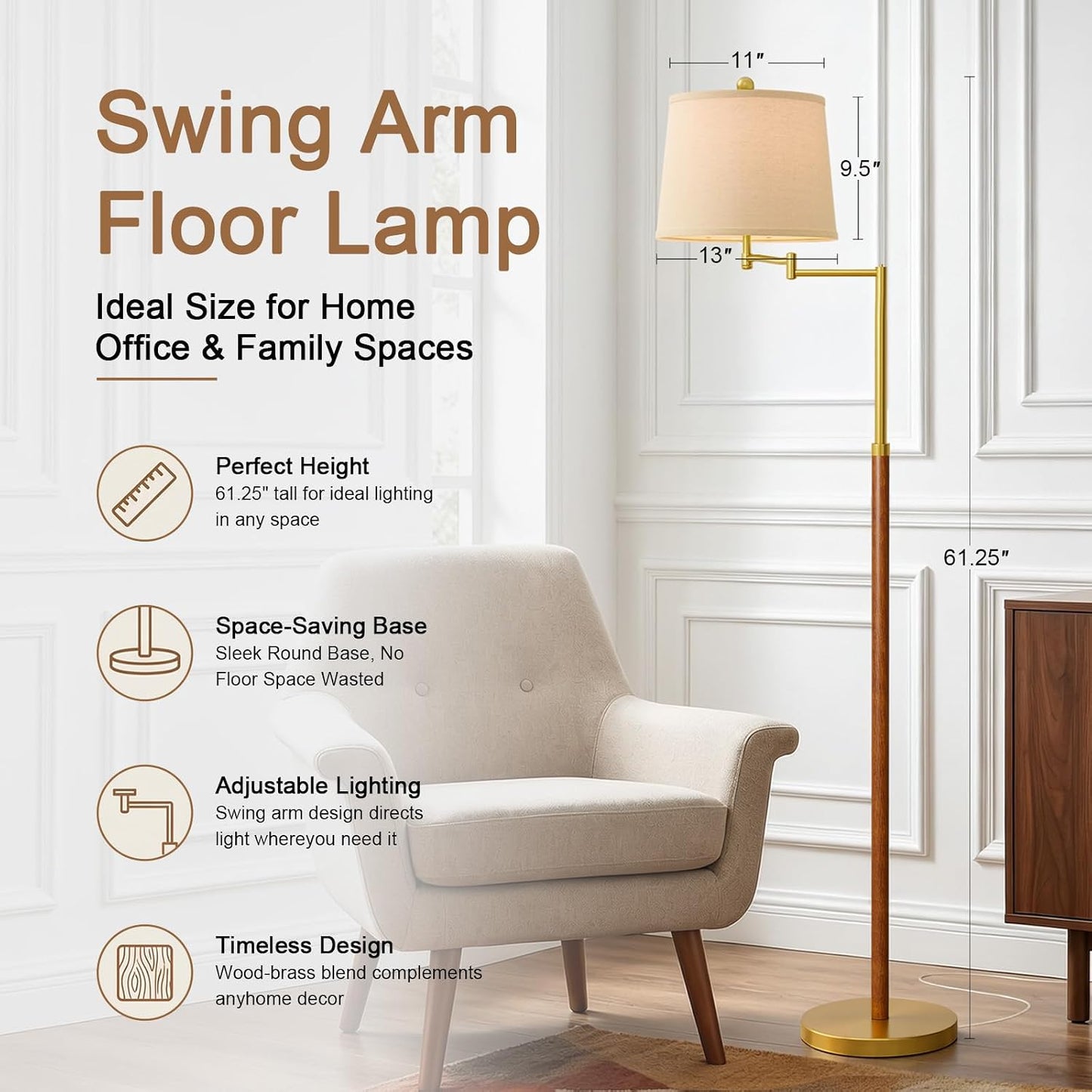G-SAFAVA Real Wood Floor Lamps for Living Room Bedroom, 62.5" Mid Century Modern Lamp Gold Standing Tall Arc Lamps with Foot Switch, Floor Lamps for Nursery Office Decor Corner Reading Room Light