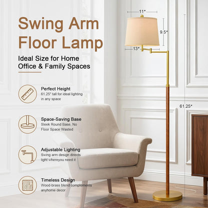 G-SAFAVA Real Wood Floor Lamps for Living Room Bedroom, 62.5" Mid Century Modern Lamp Gold Standing Tall Arc Lamps with Foot Switch, Floor Lamps for Nursery Office Decor Corner Reading Room Light