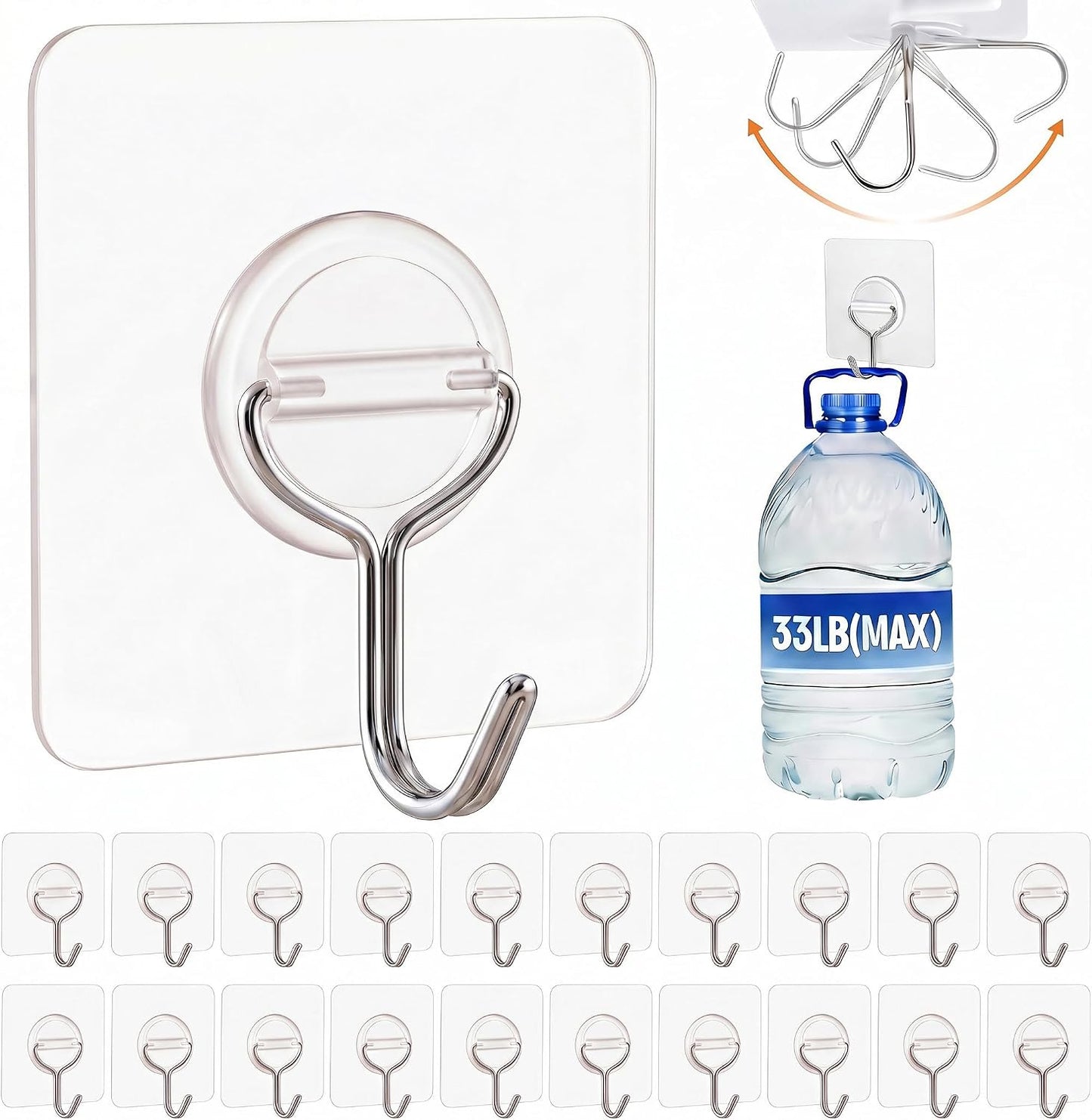 Adhesive Wall Hooks for Hanging Heavy Duty 33lb(Max), Waterproof and Rustproof Transparent Self Adhesive Hooks for Bathroom Kitchen Outdoor and Home Improvement -24 Pack