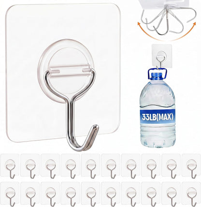 Adhesive Wall Hooks for Hanging Heavy Duty 33lb(Max), Waterproof and Rustproof Transparent Self Adhesive Hooks for Bathroom Kitchen Outdoor and Home Improvement -24 Pack