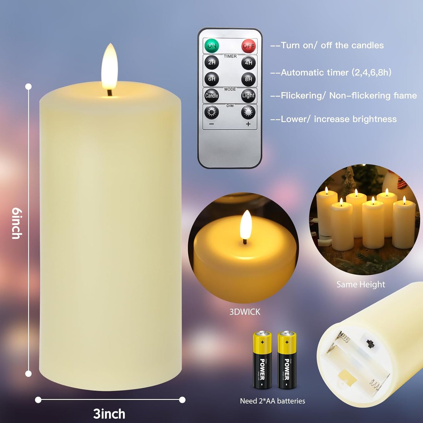 Flameless Candles Battery Operated with Remote and 2/4/6/8 H Timer, 6pcs Flickering Fake Electric Candles for Festival Wedding Home Party Decor (D3 x H 6") (White)
