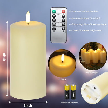 Flameless Candles Battery Operated with Remote and 2/4/6/8 H Timer, 6pcs Flickering Fake Electric Candles for Festival Wedding Home Party Decor (D3 x H 6") (White)
