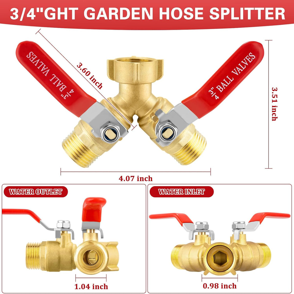 Garden Hose Splitter, 304 Stainless Steel 2 Way Hose Splitter with Long Handle, Heavy Duty Hose Y Spigot Splitter with Shutoff Valves, 3/4" GHT Thread Outdoor Faucet Splitter